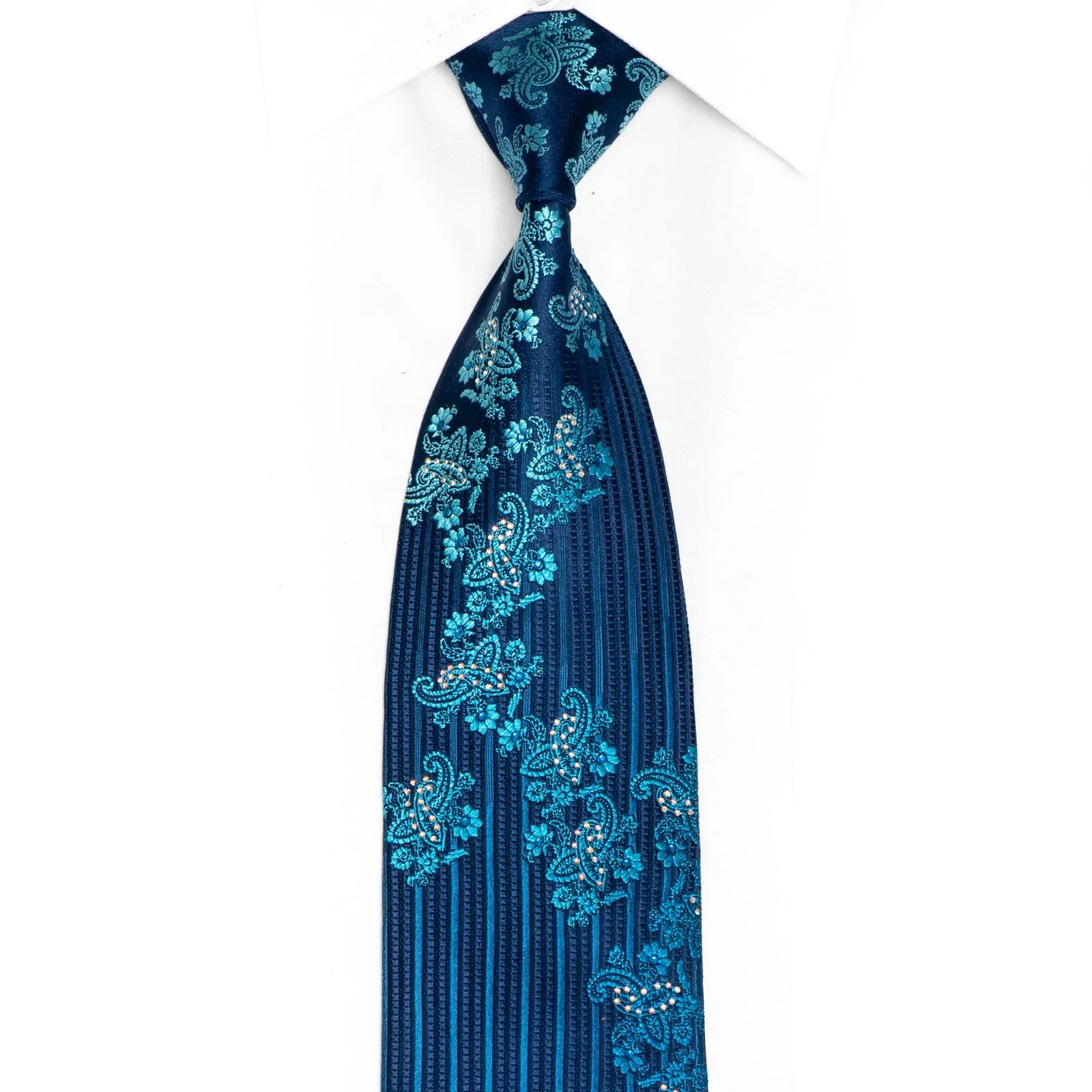 Floral And Vertical Striped Rhinestone Silk Necktie