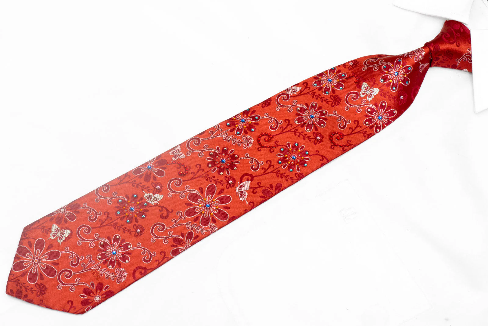 Floral & Butterflies on Red Rhinestone Silk Tie With Silver Sparkles - Image 2