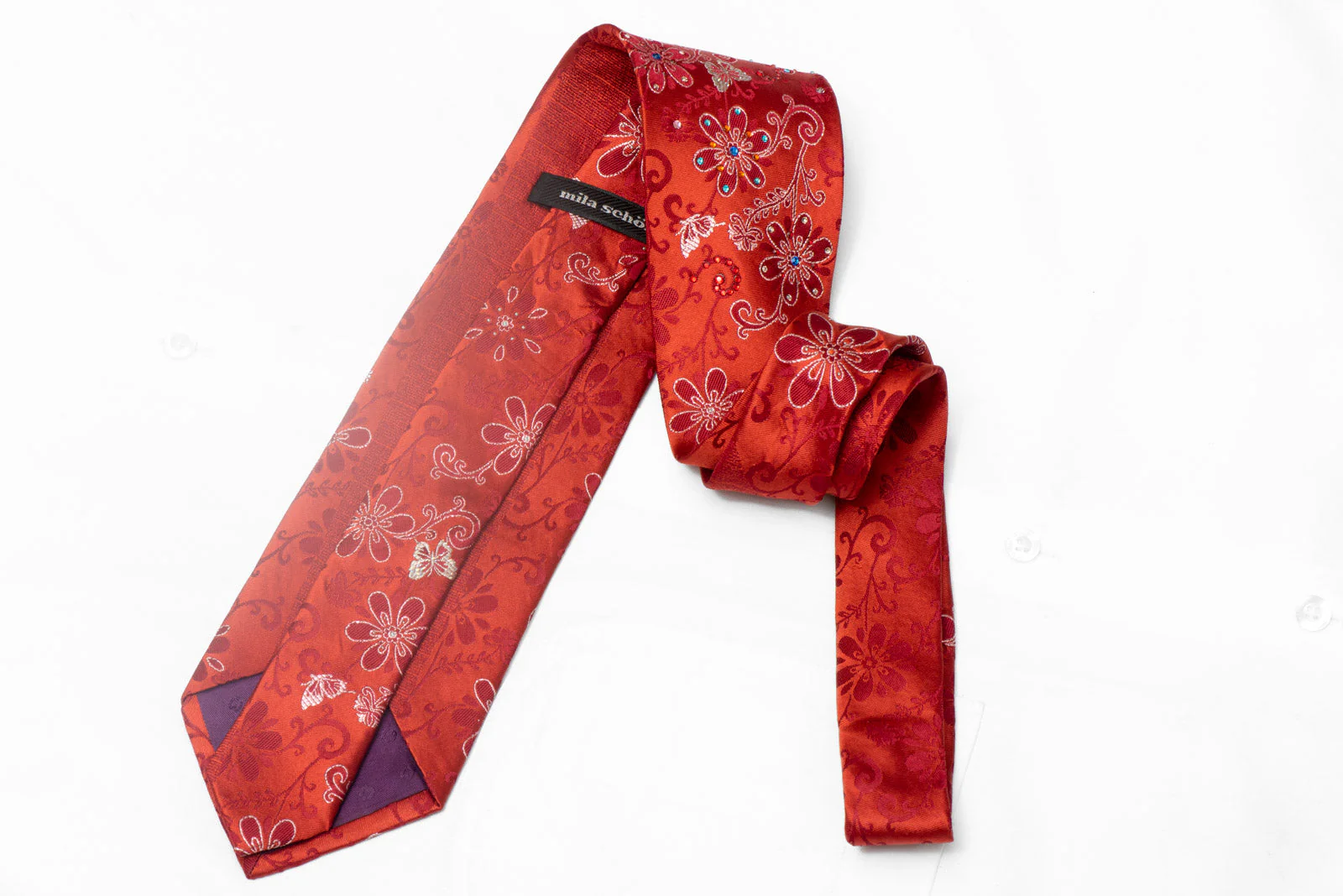 Floral & Butterflies on Red Rhinestone Silk Tie With Silver Sparkles - Image 3