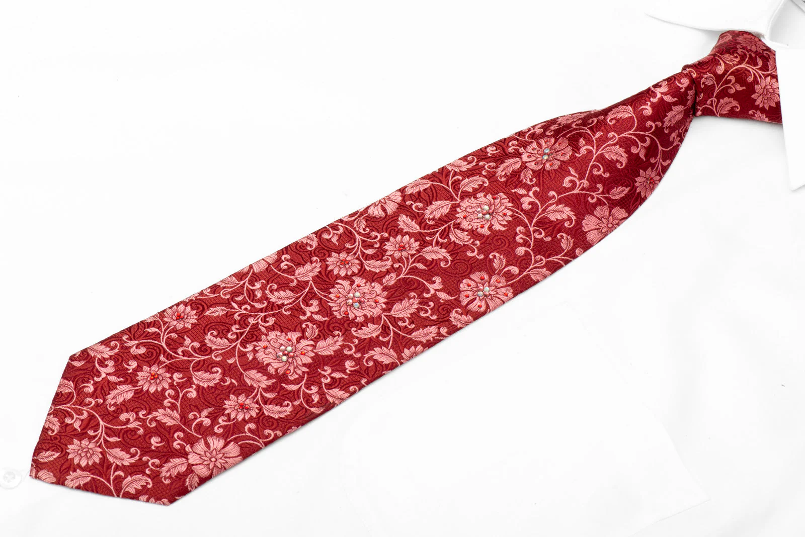 Floral Ob Dark Red Crystal Rhinestone Silk Tie - Image 2