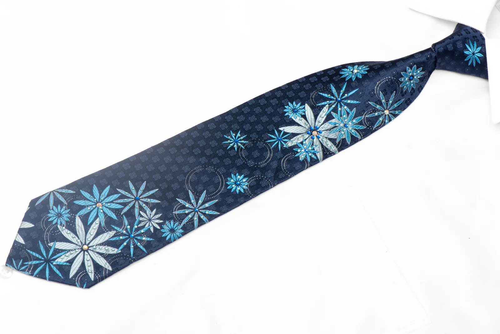 Floral On Blue Rhinestone Silk Necktie With Silver Sparkles - Image 2