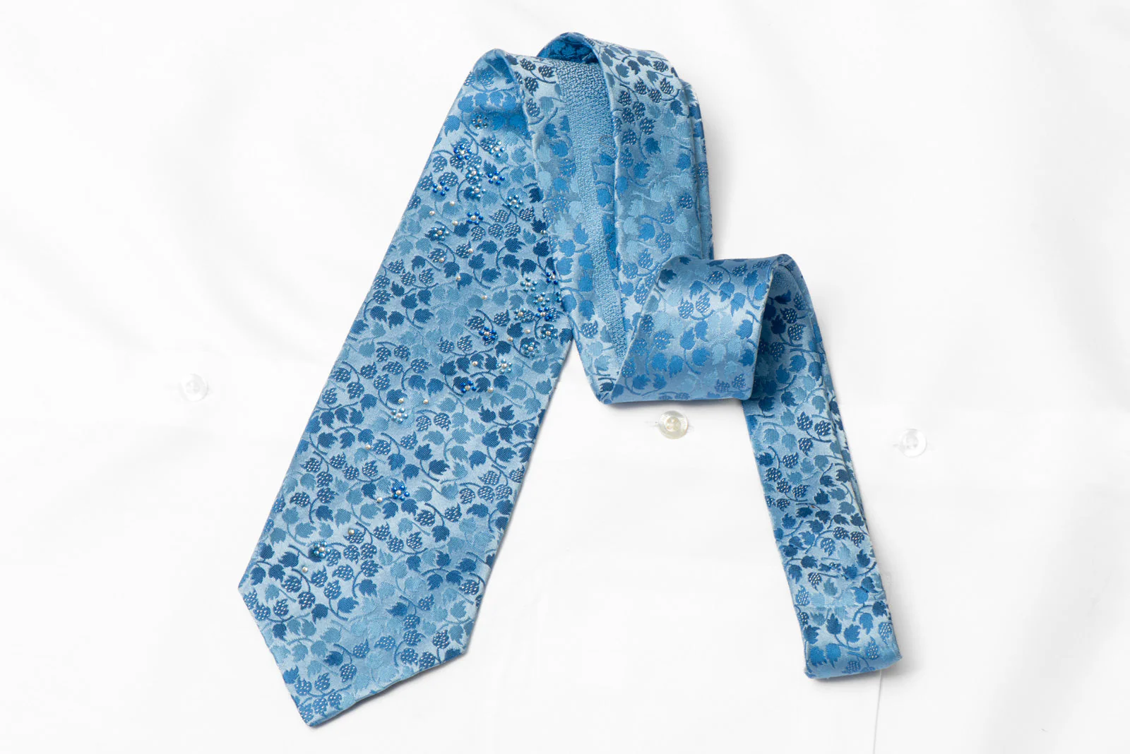Floral On Blue Rhinestone Silk Necktie With Silver Sparkles - Image 3