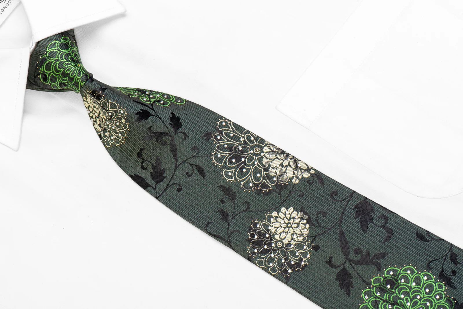 Floral On Green Black Rhinestone Tie With Silver Sparkles - Image 2