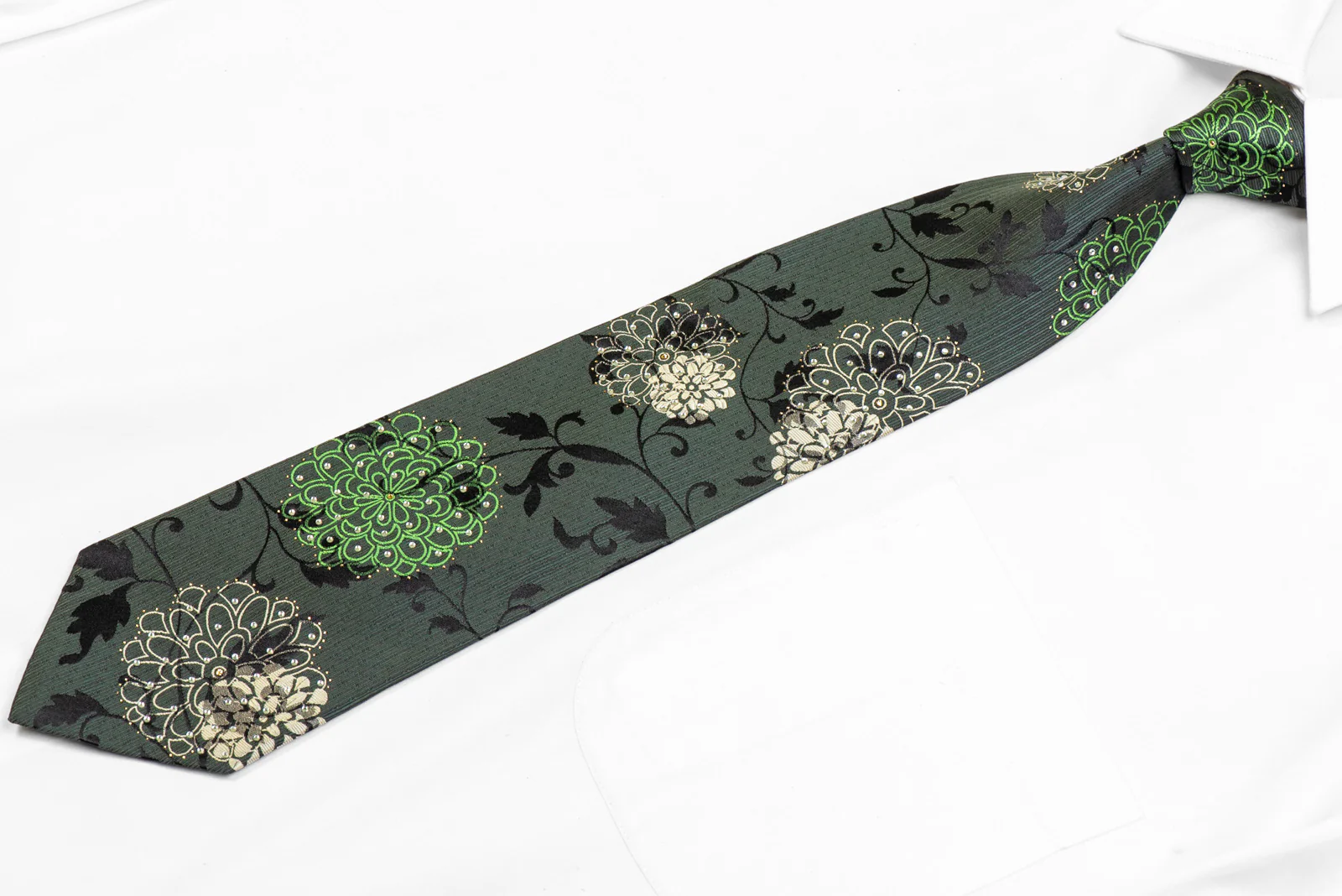 Floral On Green Black Rhinestone Tie With Silver Sparkles - Image 3