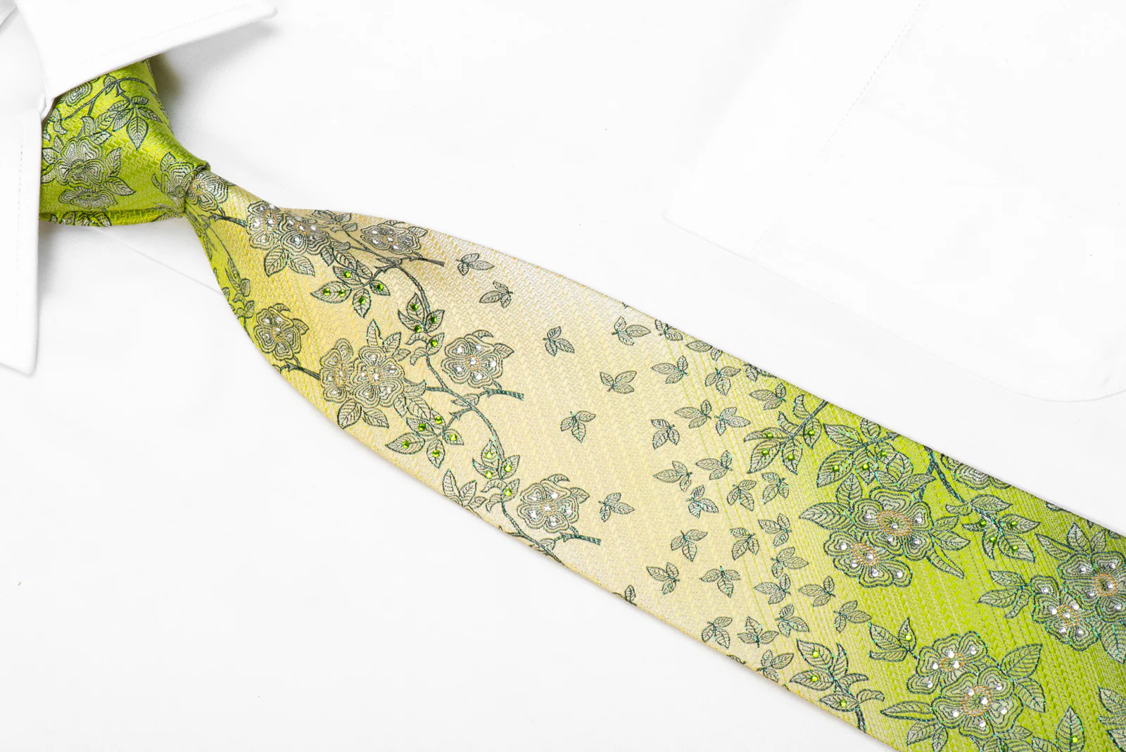 Floral On Green Rhinestone Silk Necktie - Image 2