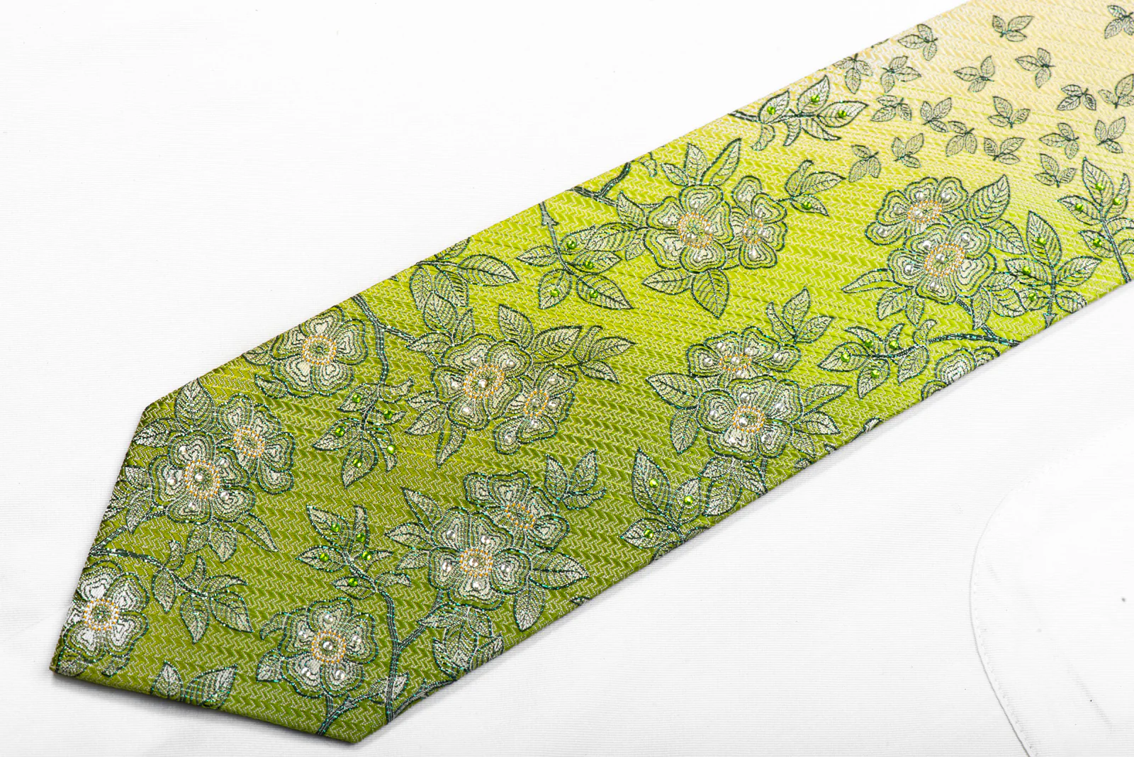 Floral On Green Rhinestone Silk Necktie - Image 3