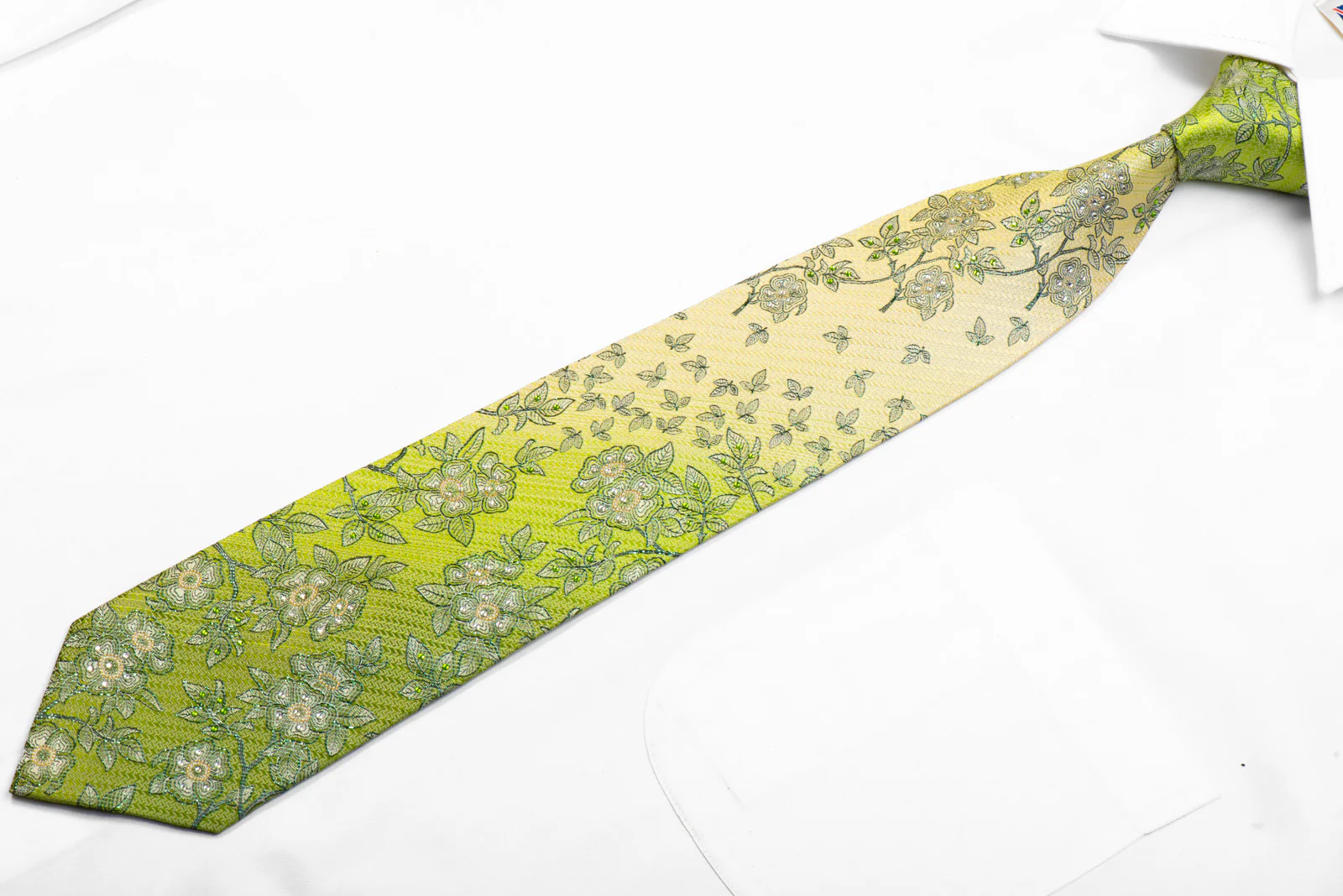 Floral On Green Rhinestone Silk Necktie - Image 4