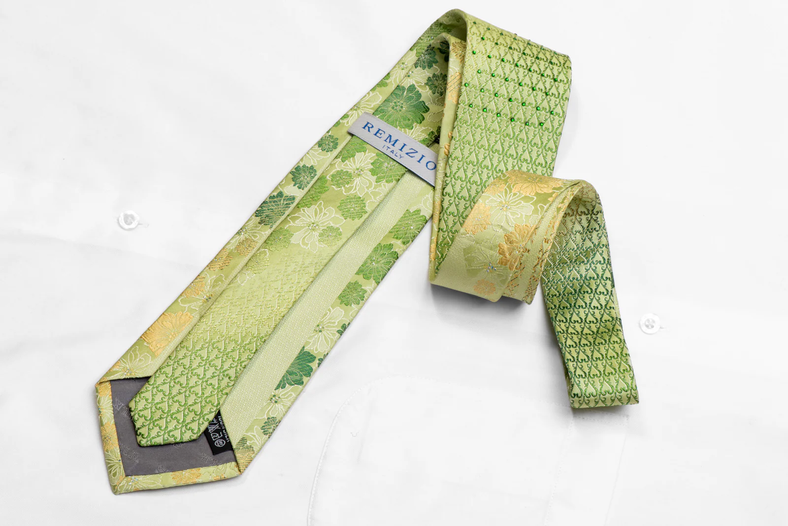Floral On Green Rhinestone Silk Necktie With Silver Sparkles - Image 4