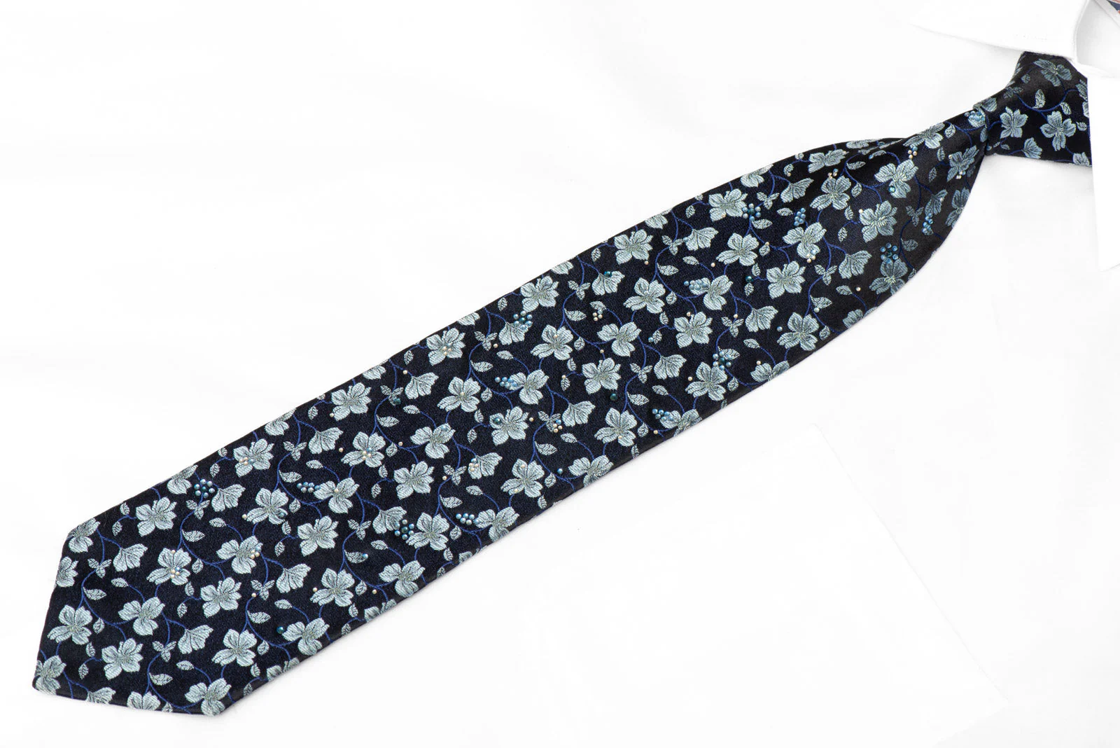 Floral On Navy Rhinestone Silk Necktie With Blue Silver Sparkles - Image 2