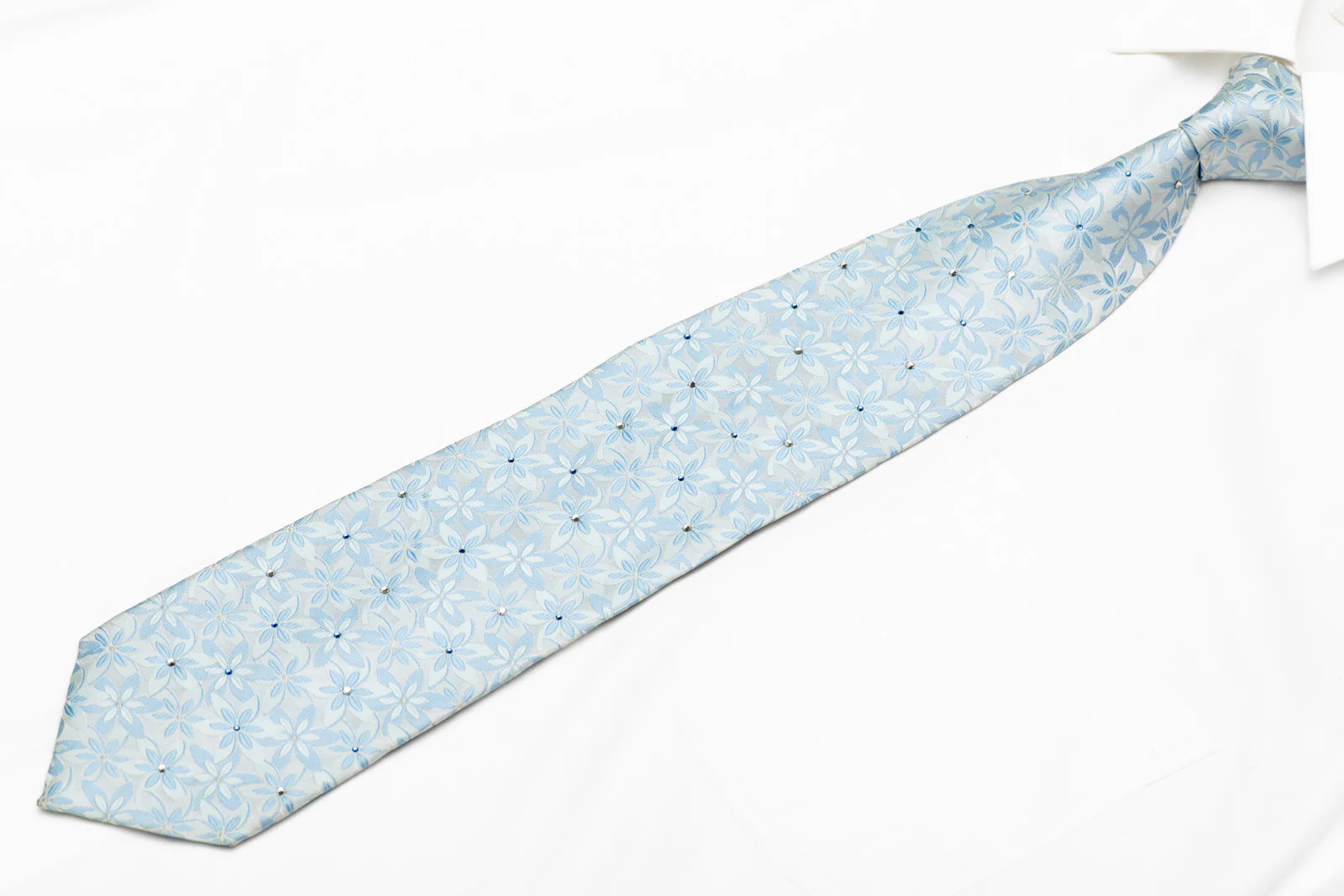 Floral On Pale Blue Rhinestone Silk Necktie With Sparkles - Image 3