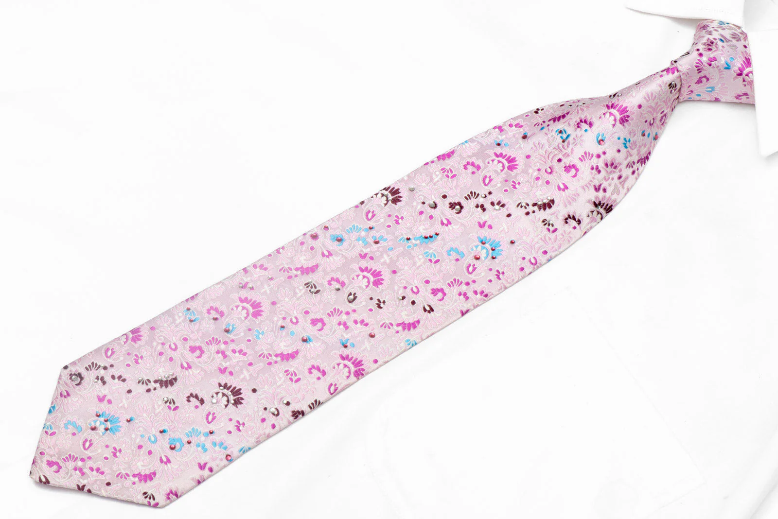 Floral On Pink Rhinestone Silk Necktie - Image 2