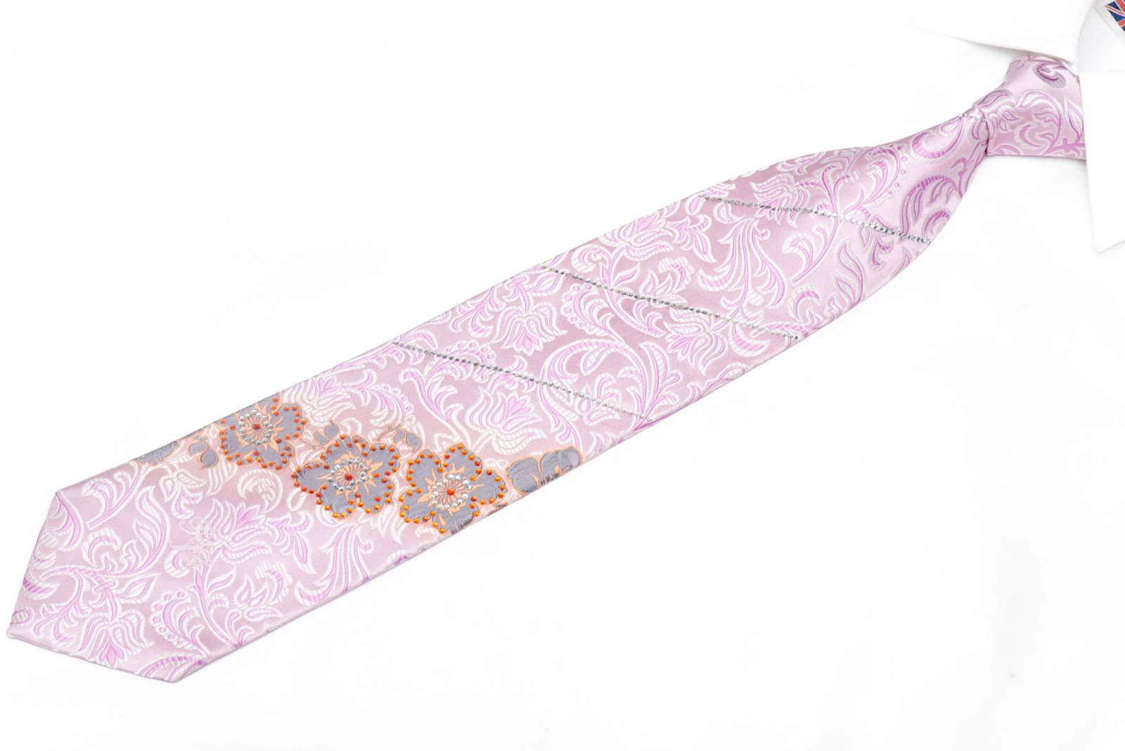 Floral On Pink Silk Necktie With Sparkling Rhinestones - Image 2