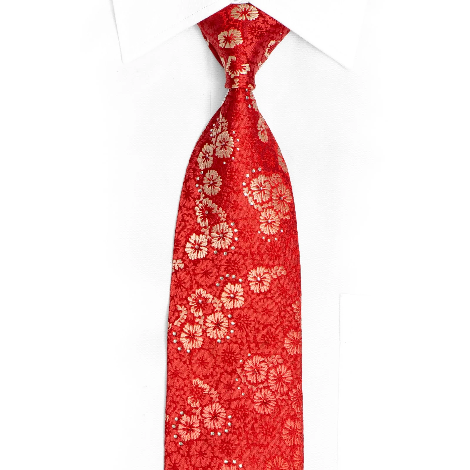 Floral On Red Rhinestone Tie With Silver Sparkles