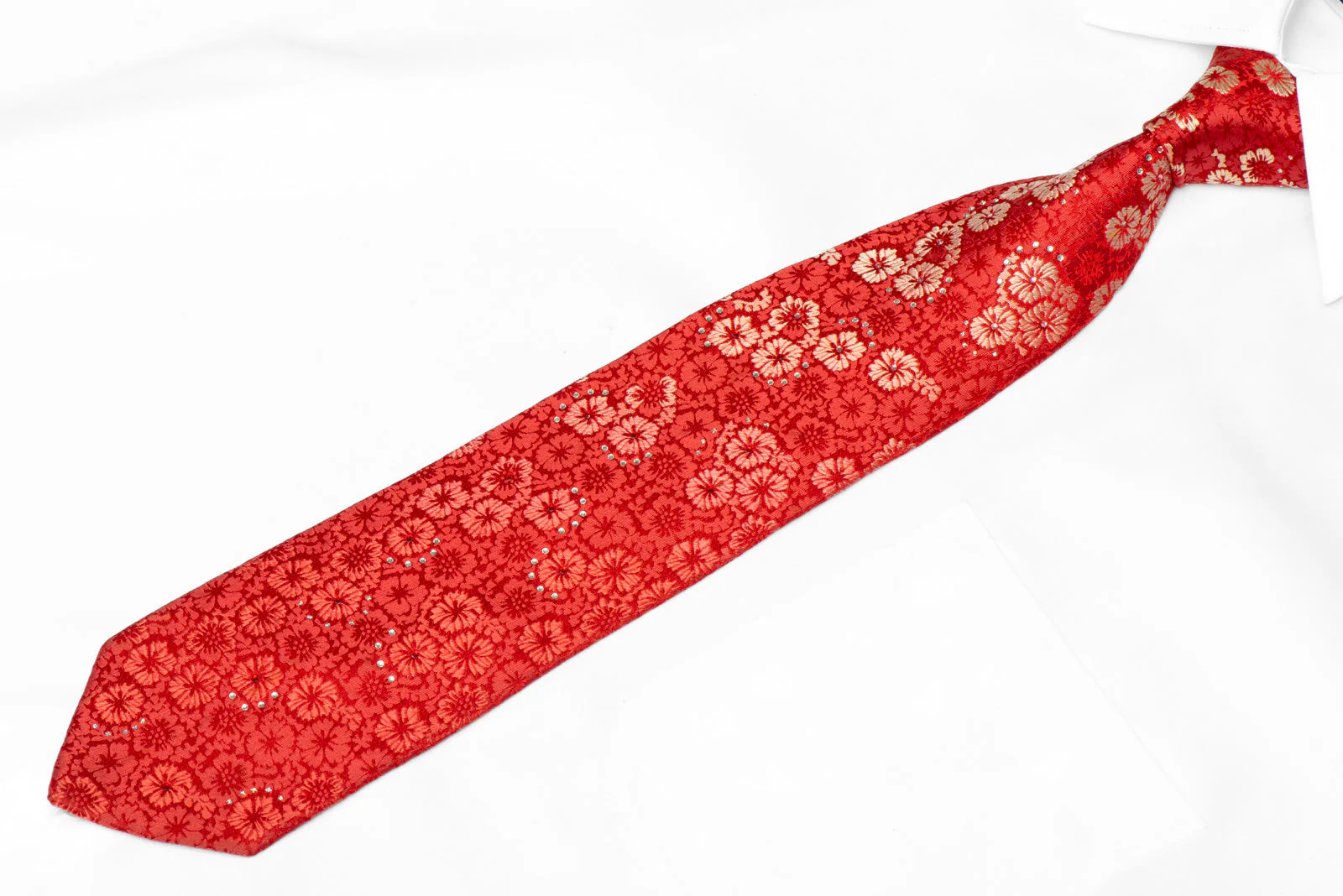 Floral On Red Rhinestone Tie With Silver Sparkles - Image 2