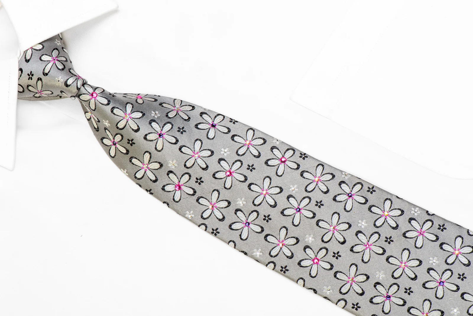 Floral On Silver Rhinestone Silk Necktie - Image 2