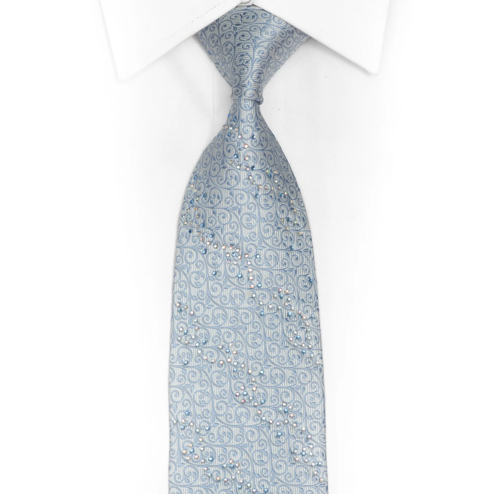 Floral Scrolls On Blue Rhinestone Silk Necktie