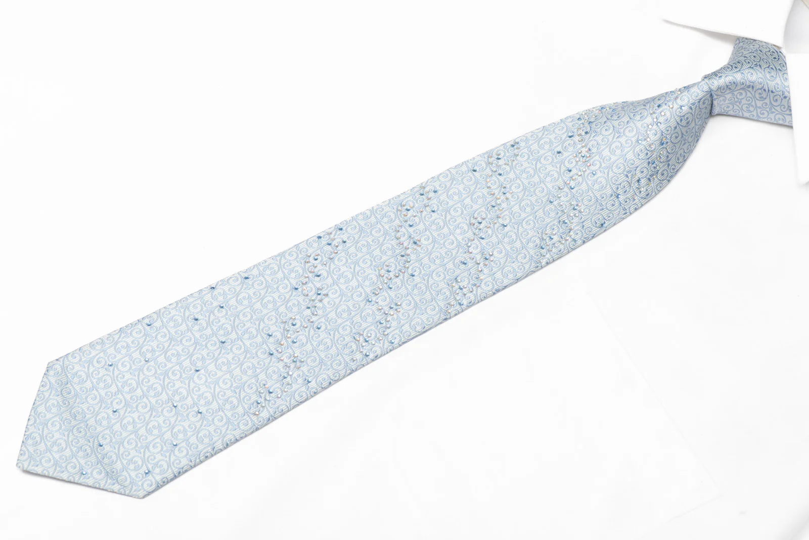 Floral Scrolls On Blue Rhinestone Silk Necktie - Image 2