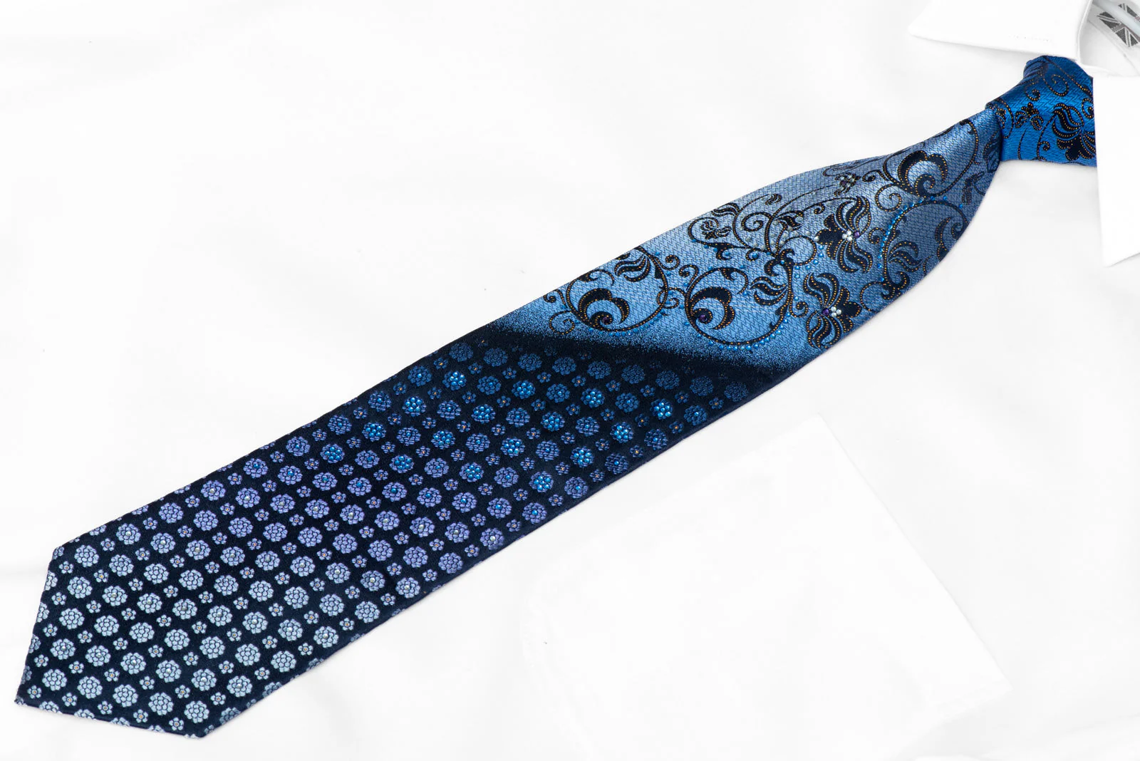 Floral Scrolls On Blue Rhinestone Silk Necktie With Gold Sparkles - Image 2