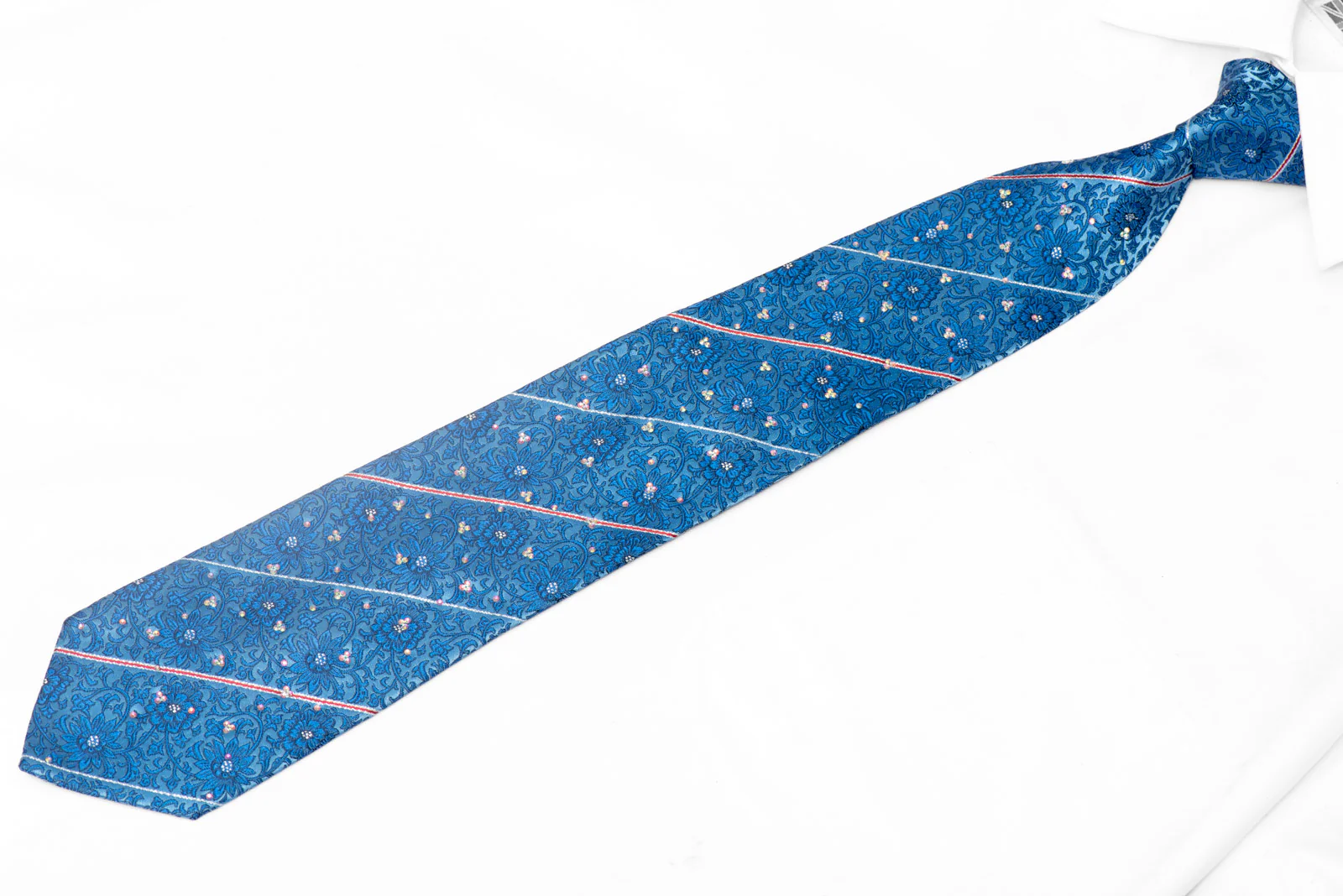 Floral & Striped On Blue Rhinestone Silk Tie With Silver Sparkles - Image 2