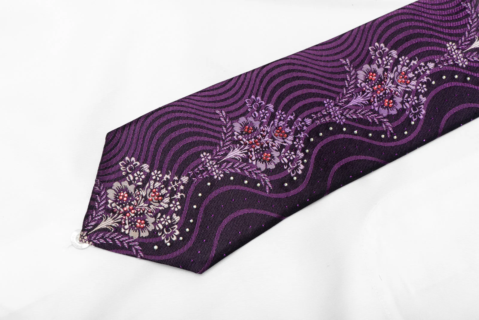 Floral & WAves On Dark Purple Rhinestone Silk Necktie - Image 3