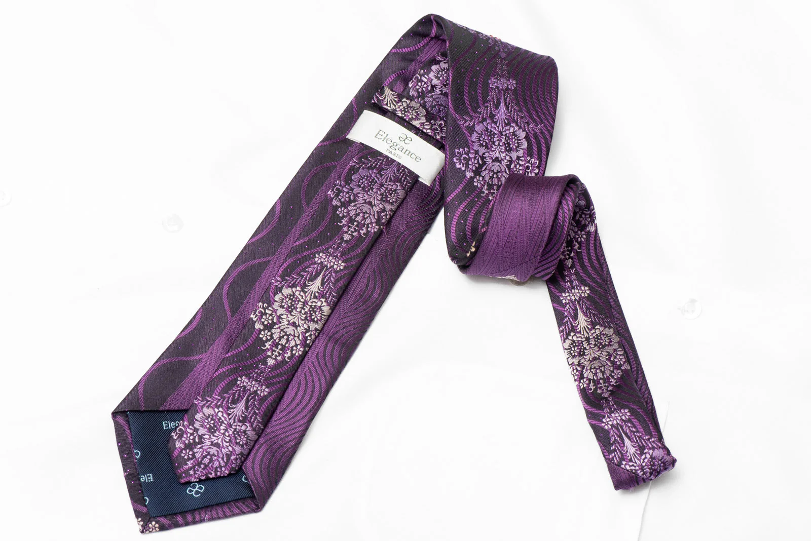 Floral & WAves On Dark Purple Rhinestone Silk Necktie - Image 4