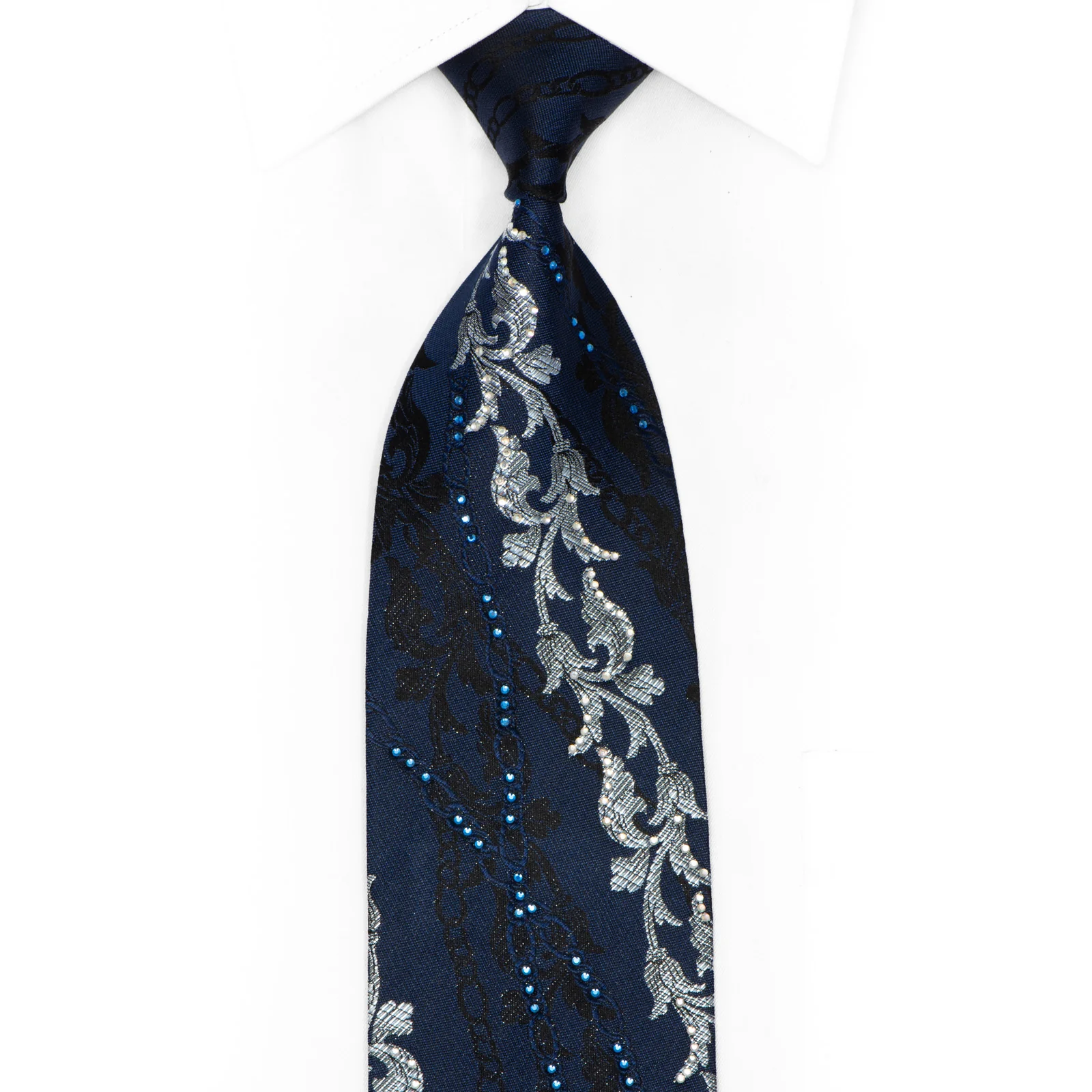 Silver Black Acanthus On Dark Blue Rhinestone Necktie With Silver Sparkles