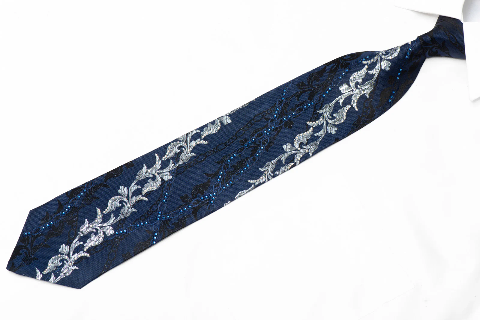 Silver Black Acanthus On Dark Blue Rhinestone Necktie With Silver Sparkles - Image 3