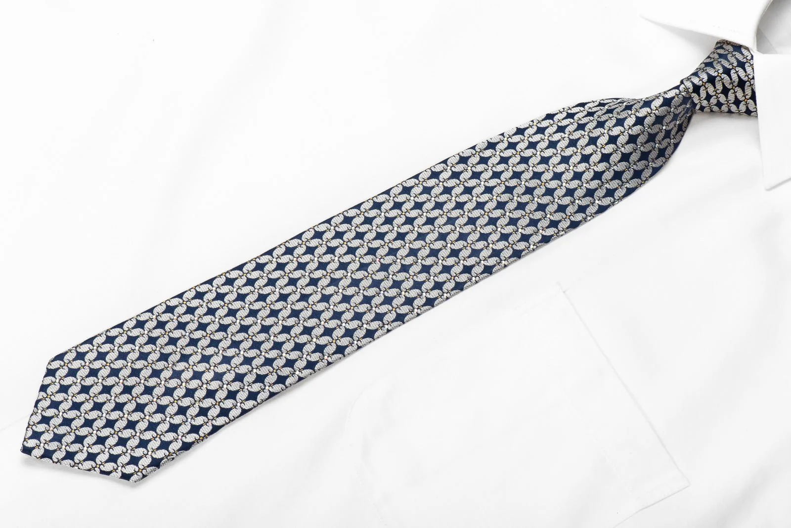 Franco Ferraro Men's Crystal Silk Necktie Silver Geometric On Blue With Gold Sparkles - Image 5