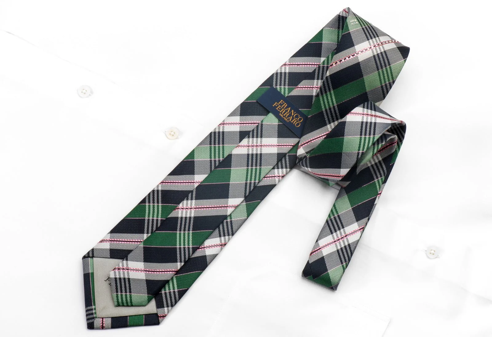 Franco Ferraro Men's Rhinestone Silk Necktie Green Navy Plaid Design With Sparkles - Image 4