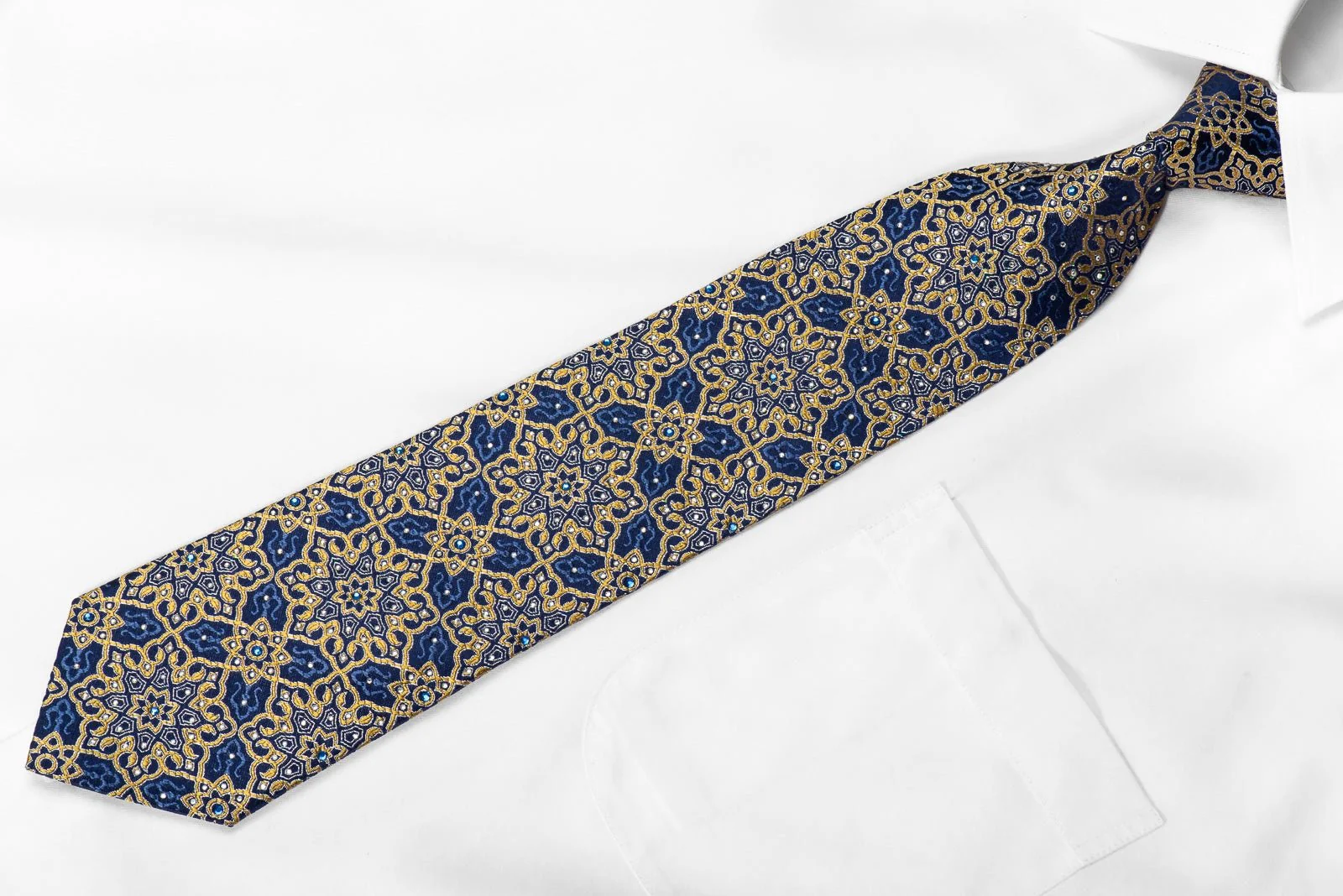 Franco Ferraro Men's Silk Necktie Yellow Arabesk On Blue With Sparkles - Image 3
