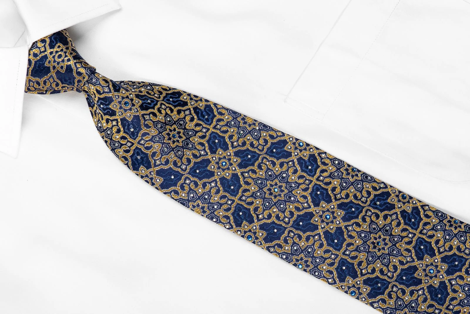 Franco Ferraro Men's Silk Necktie Yellow Arabesk On Blue With Sparkles - Image 4