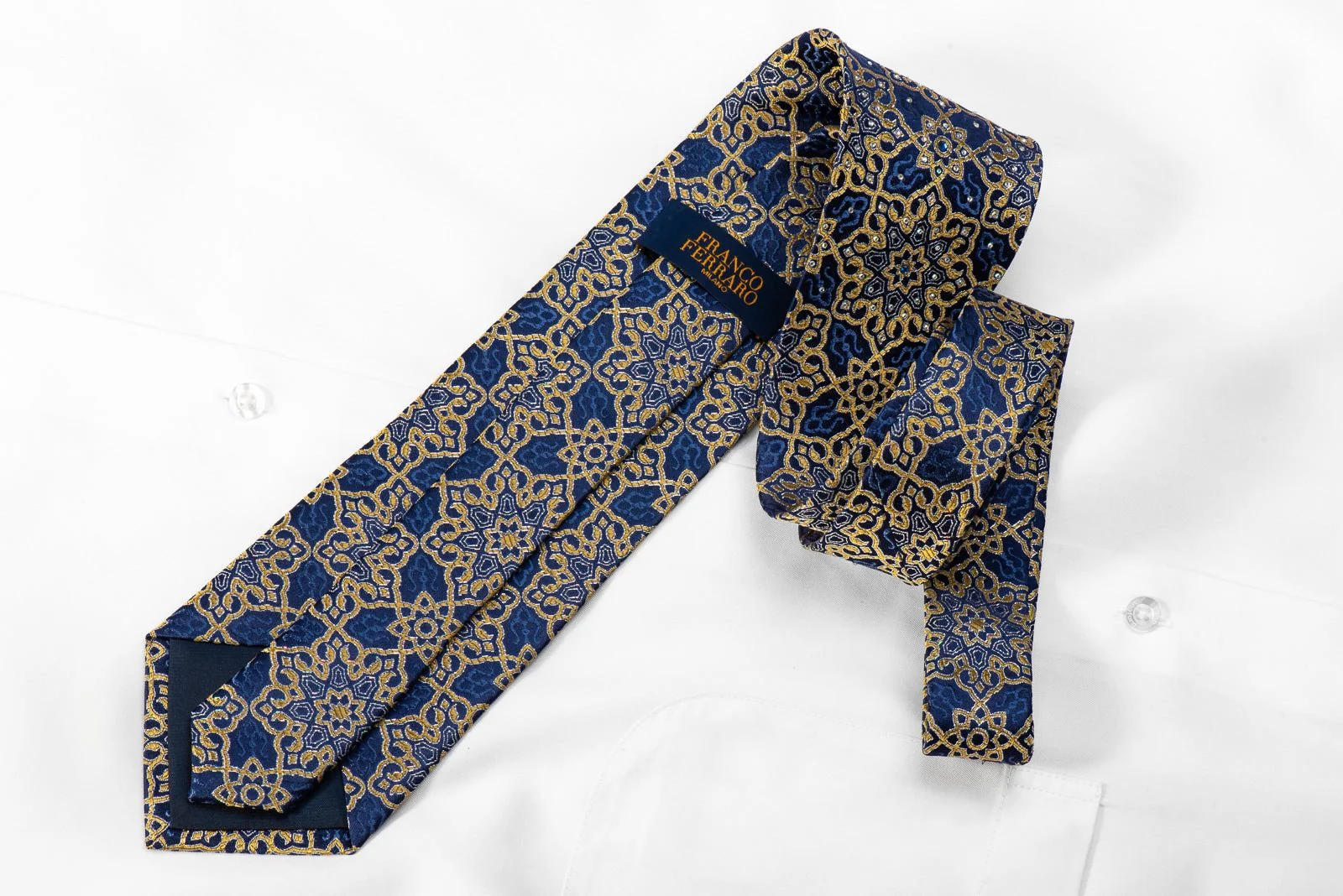 Franco Ferraro Men's Silk Necktie Yellow Arabesk On Blue With Sparkles - Image 5