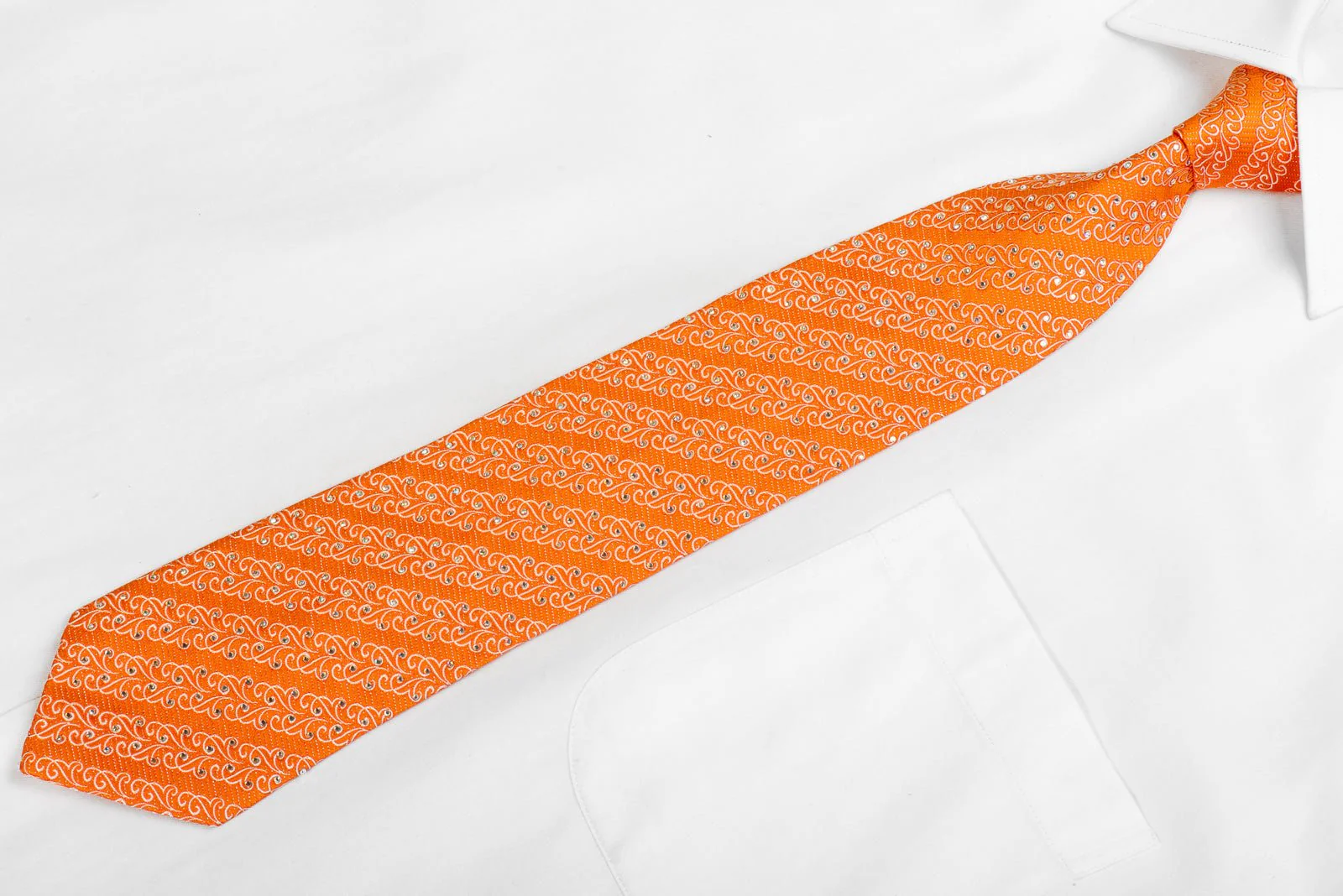Franco Ferraro Mens Silk Rhinestone Necktie White Filigree On Orange With Silver Sparkles - Image 3