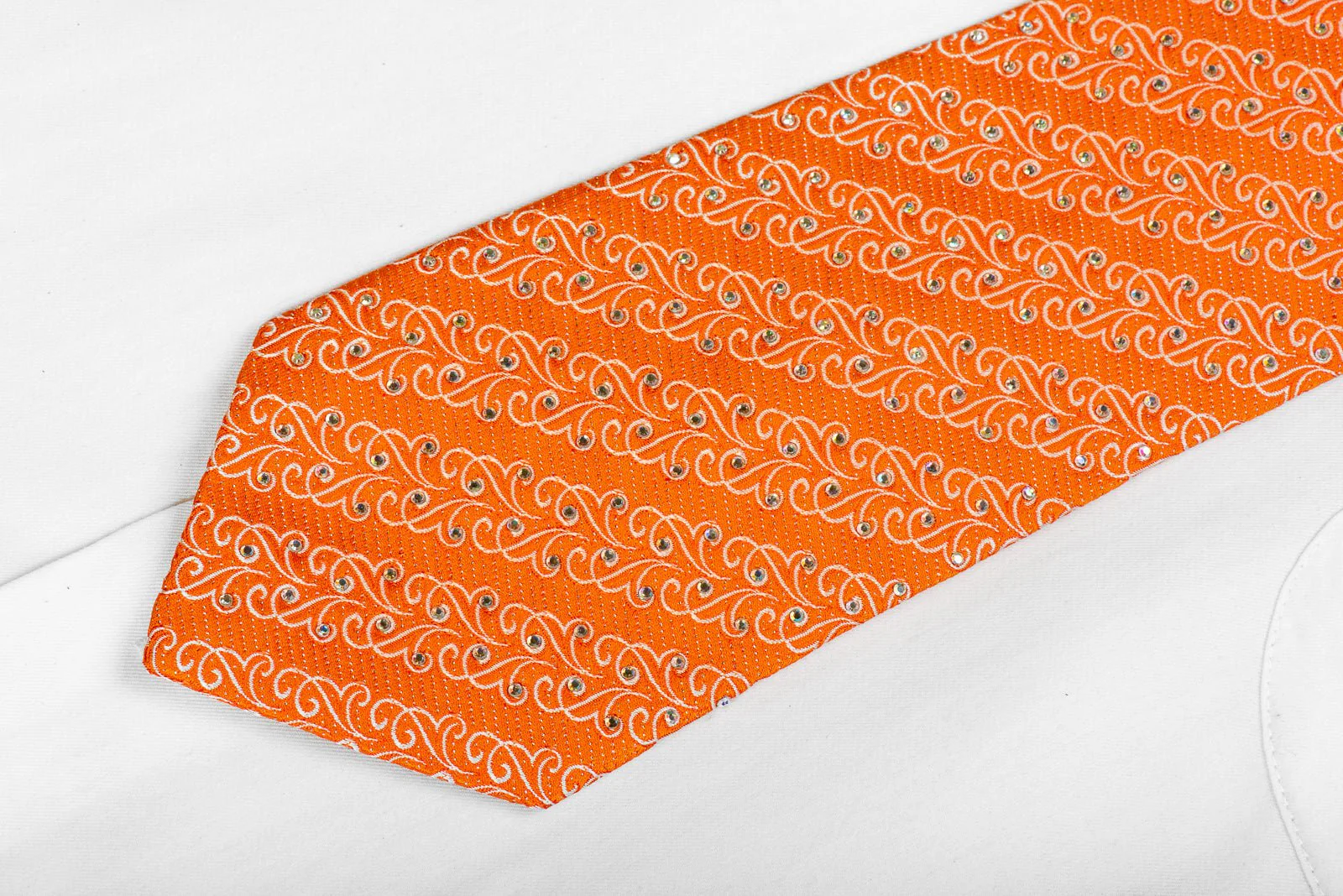 Franco Ferraro Mens Silk Rhinestone Necktie White Filigree On Orange With Silver Sparkles - Image 4