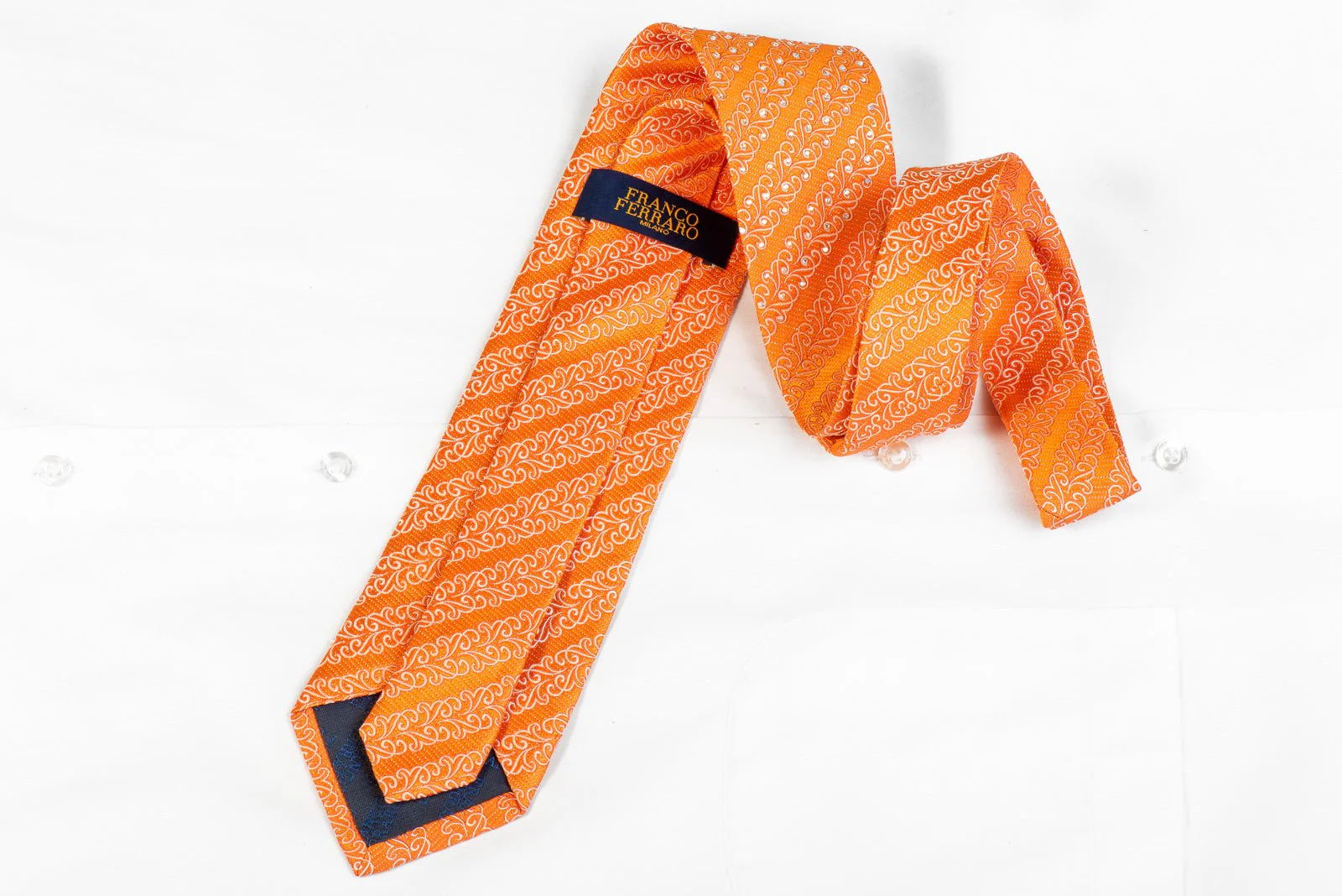 Franco Ferraro Mens Silk Rhinestone Necktie White Filigree On Orange With Silver Sparkles - Image 5