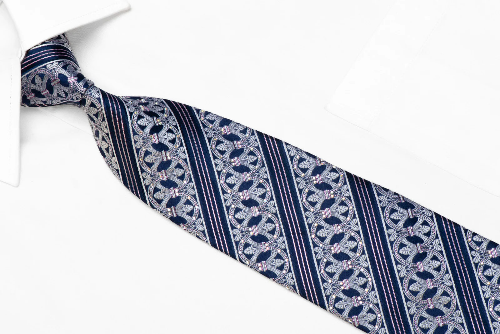 Franco Ferraro Rhinestone Silk Necktie Silver Cartouche Striped On Blue With Sparkles - Image 2