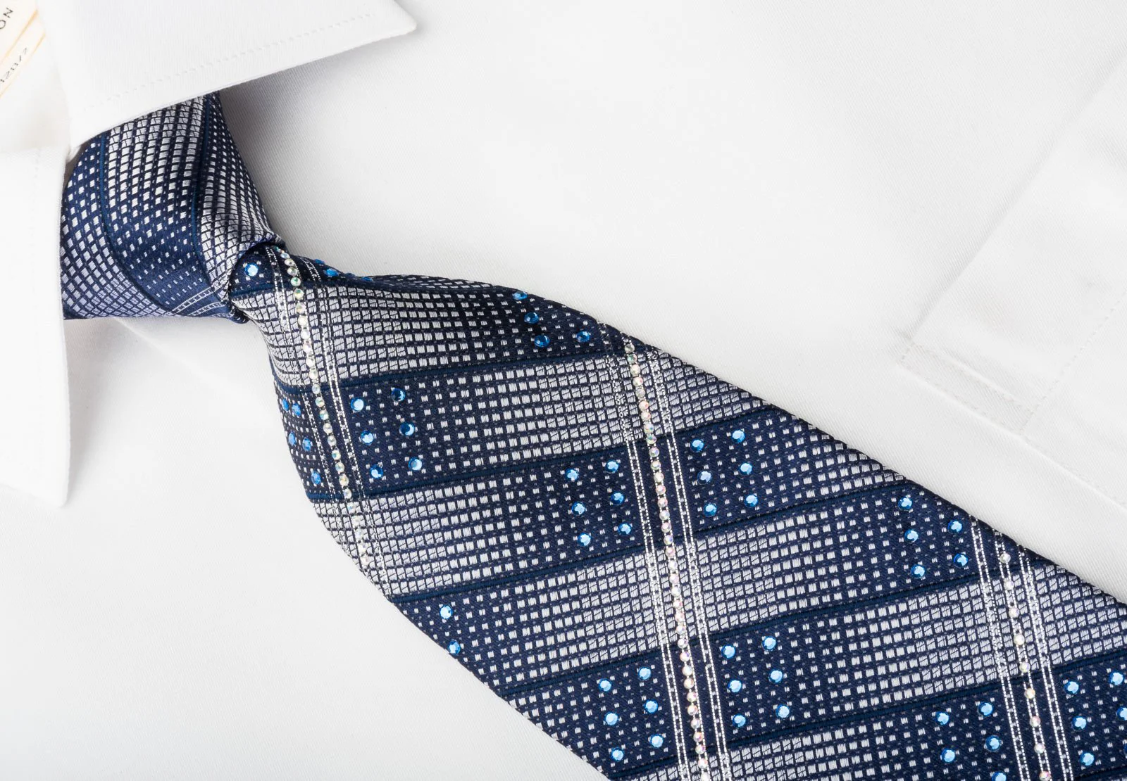 Franco Ferraro Rhinestone Silk Necktie Silver Striped On Blue With Silver Sparkles - Image 5
