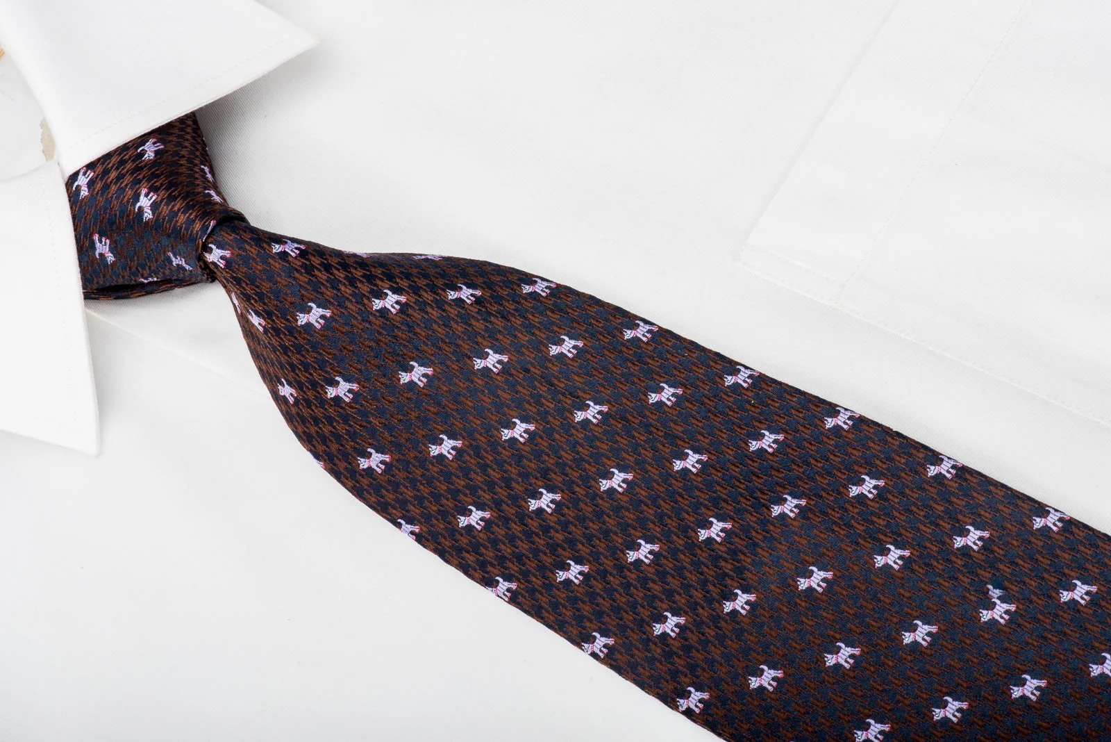 Galaxy Men's Woven Silk Necktie Dogs On Brown Navy Hounds Tooth - Image 5
