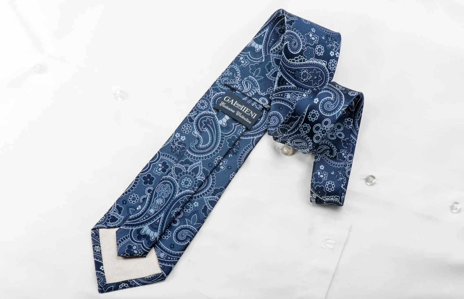 Gallieni Men's Silk Necktie Paisley On Blue Sparkling With Crystal Rhinestones - Image 4