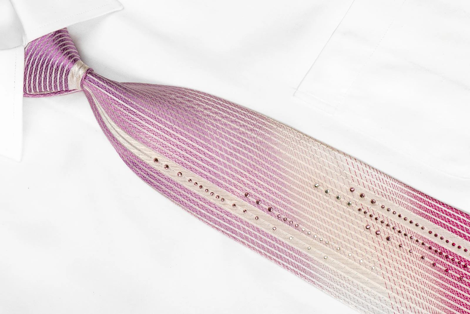 Gallieni Mens Crystal Silk Necktie Purple Pink Vertical Striped On White Sparkling With Crystal Rhinestones - Image 3
