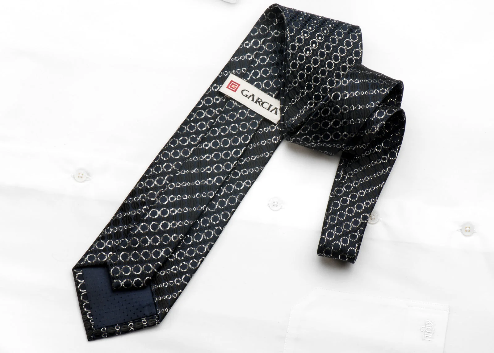 Garcia Men's Rhinestone Tie Sparkling Silver Circles On Navy - Image 4