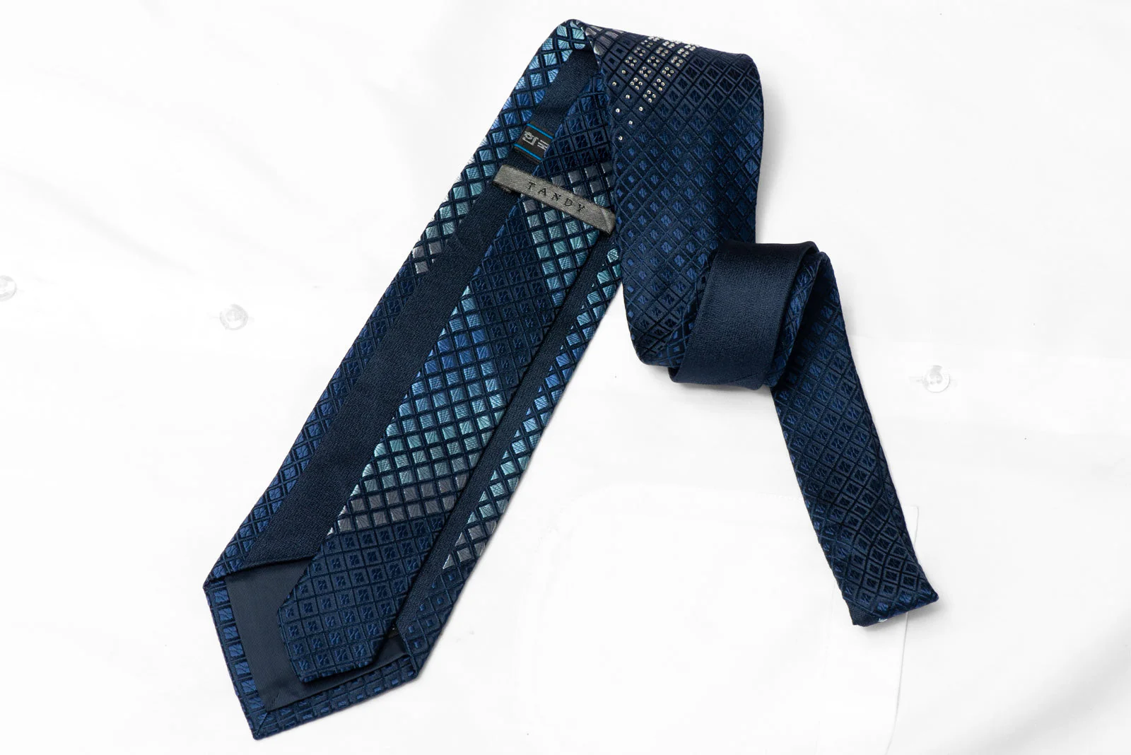 Geometric Chevron Pattern On Navy Rhinestone Silk Necktie - Image 3