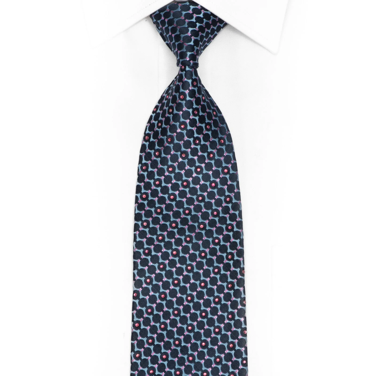 Geometric Design On Blue Silk Necktie With Pink Rhinestones & Metallic Sparkles