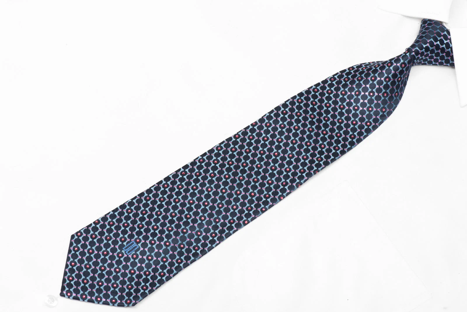 Geometric Design On Blue Silk Necktie With Pink Rhinestones & Metallic Sparkles - Image 2