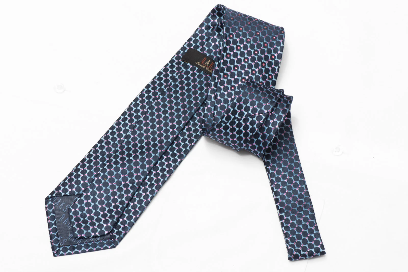 Geometric Design On Blue Silk Necktie With Pink Rhinestones & Metallic Sparkles - Image 3