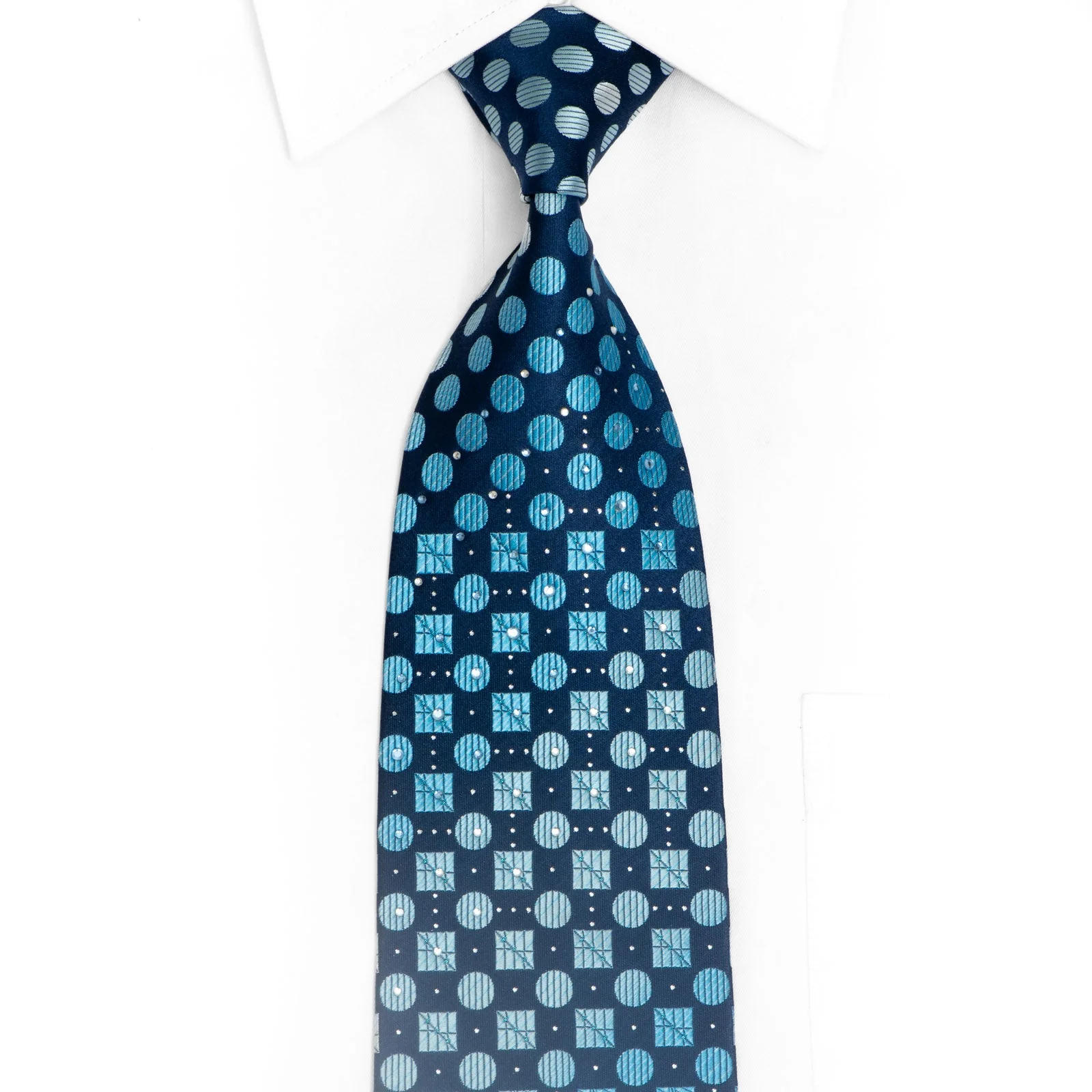 Geometric Design On Navy Blue Rhinestone Silk Necktie With Sparkles