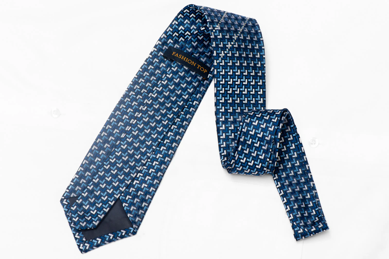 Geometric Design On Navy Rhinestone Silk Necktie - Image 3