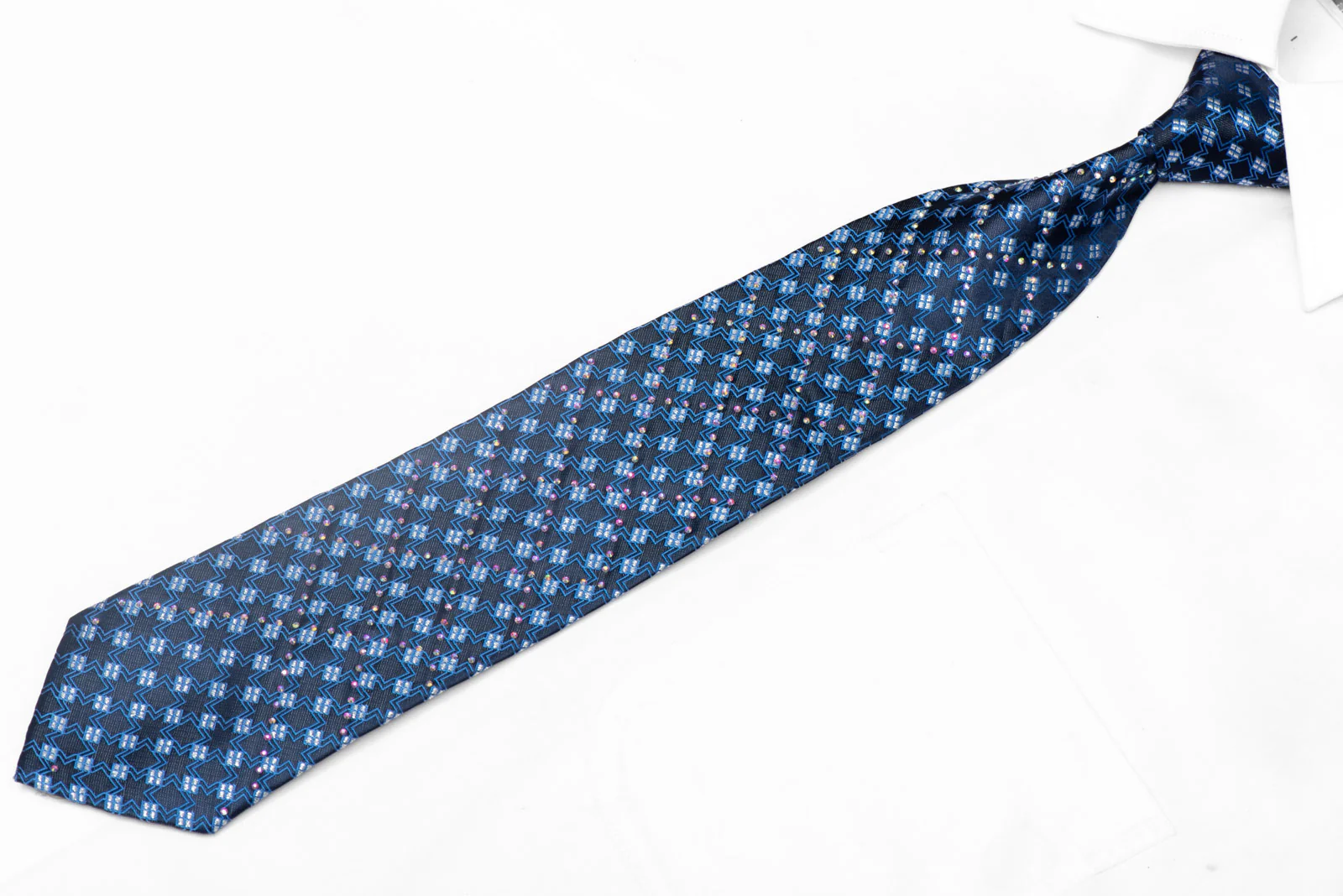 Geometric Design On Navy Rhinestone Silk Tie With Silver Sparkles - Image 2