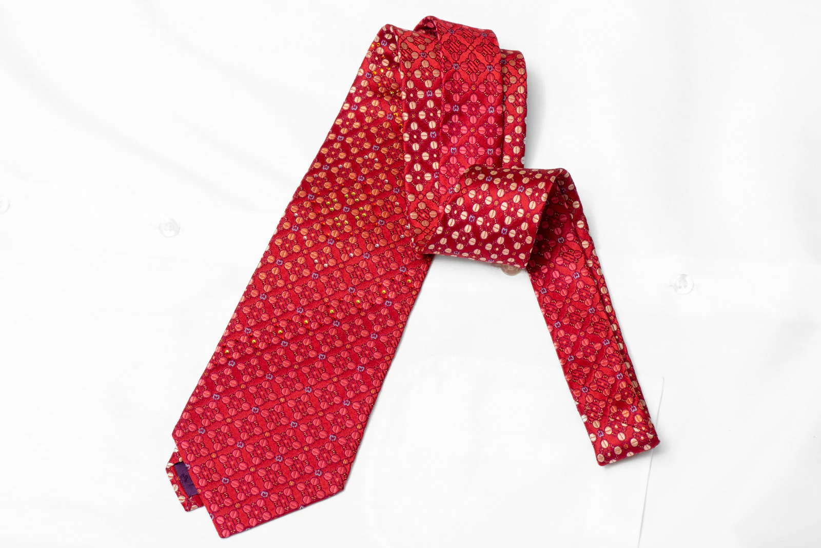 Geometric Dots On Red Rhinestone Silk Tie With Gold Sparkles - Image 3
