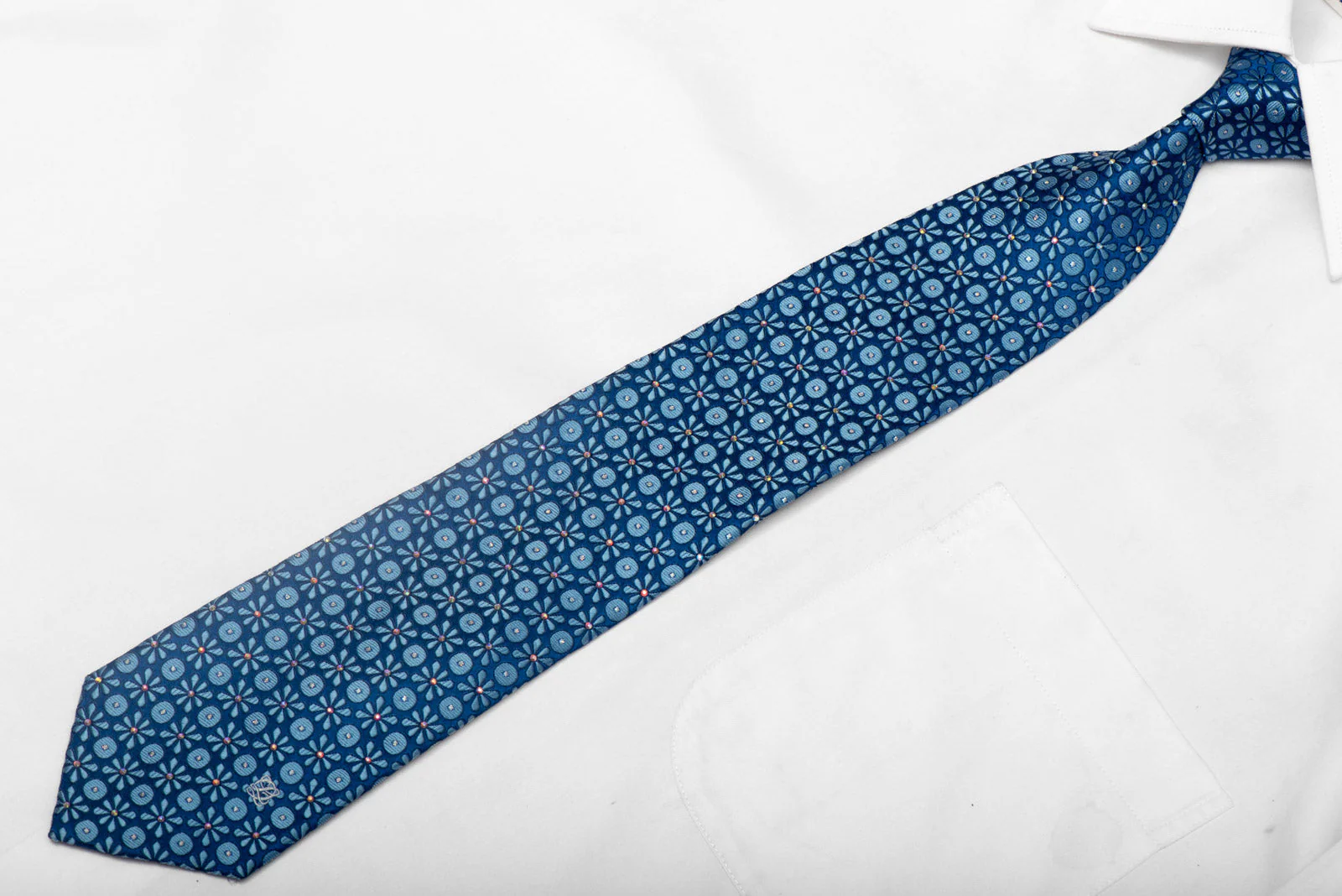 Geometric Floral On Blue Rhinestone Silk Tie With Silver Sparkles - Image 2